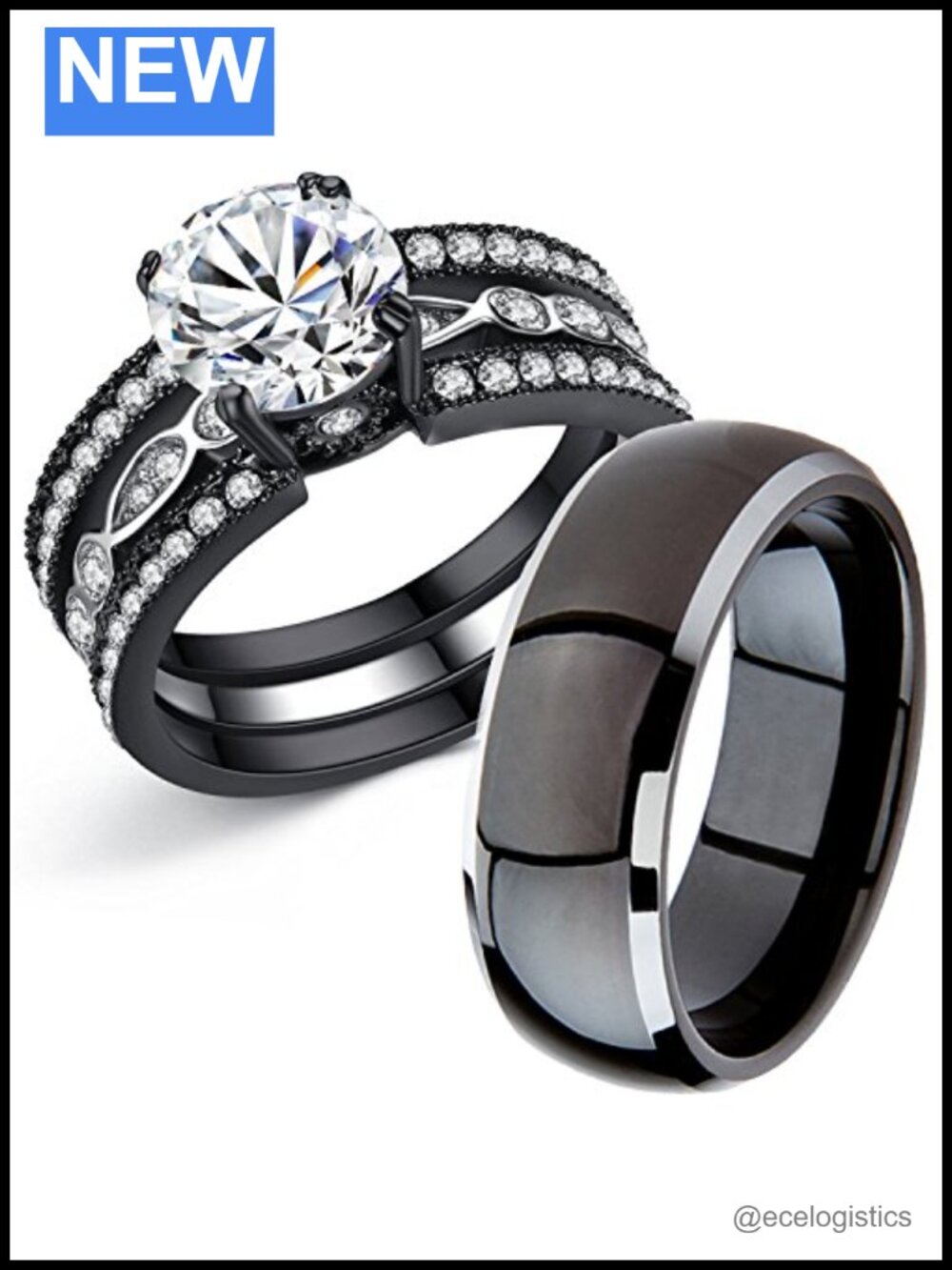MABELLA Couple Rings Titanium Stainless Steel Cubic Zirconia Wedding Band Set
